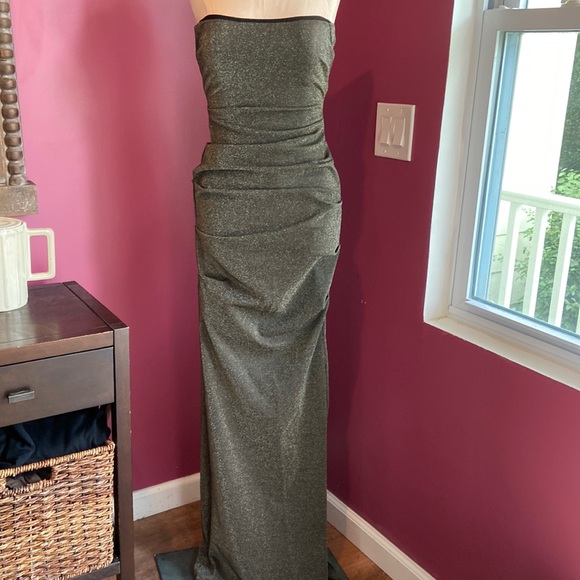 Nicole Miller Floor Length Sparkly Metallic Gold Strapless Dress 4